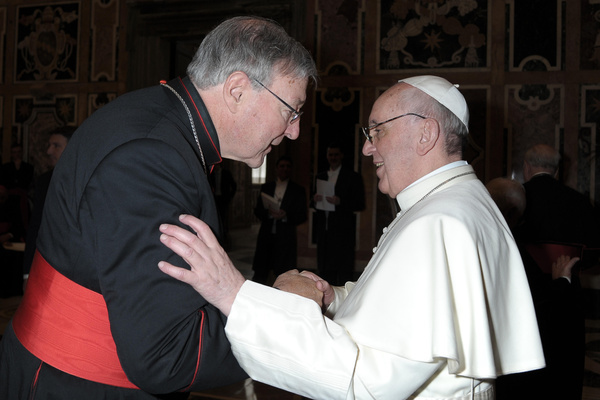 Australian Cardinal Pell greets Pope Francis during March 15 audience